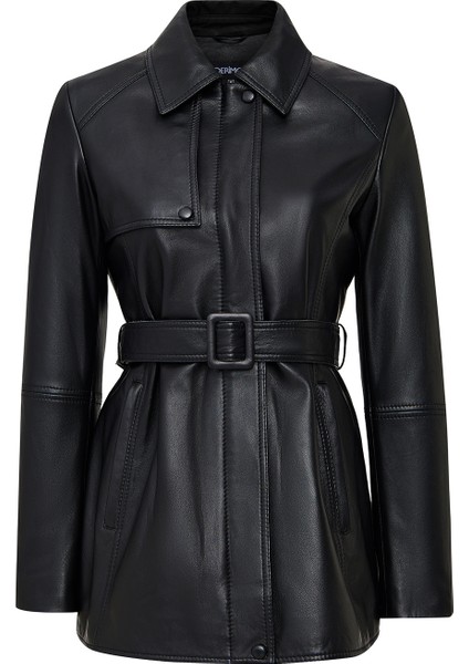 Cordelia Kadın Siyah Kemer Detaylı Gömlek Yaka Deri Kaban 25WGD5623U6