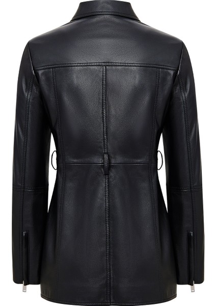 Cordelia Kadın Siyah Kemer Detaylı Gömlek Yaka Deri Kaban 25WGD5623U6