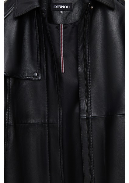 Cordelia Kadın Siyah Kemer Detaylı Gömlek Yaka Deri Kaban 25WGD5623U6