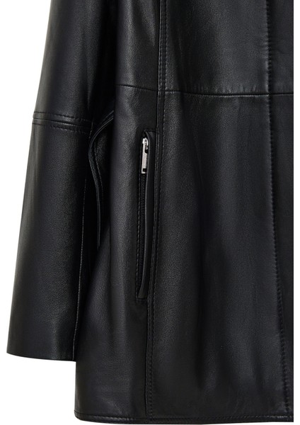 Cordelia Kadın Siyah Kemer Detaylı Gömlek Yaka Deri Kaban 25WGD5623U6