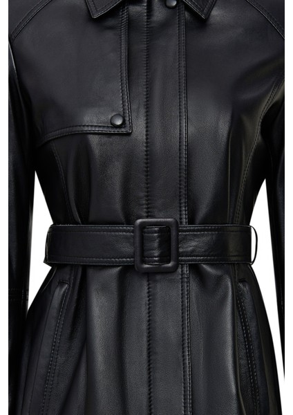 Cordelia Kadın Siyah Kemer Detaylı Gömlek Yaka Deri Kaban 25WGD5623U6