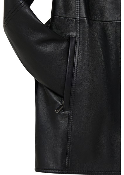 Cordelia Kadın Siyah Kemer Detaylı Gömlek Yaka Deri Kaban 25WGD5623U6