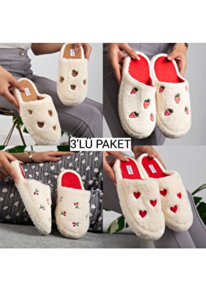 3'lü Kalp Çilek Kiraz Ayıcık Nakışlı Misafir Bohça Balkon Çeyiz Ev Terliği