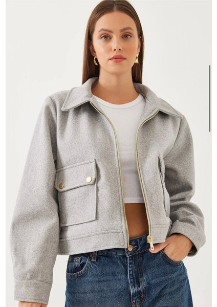 Zr Cepli Kısa Bomber Gri Kaşe Ceket