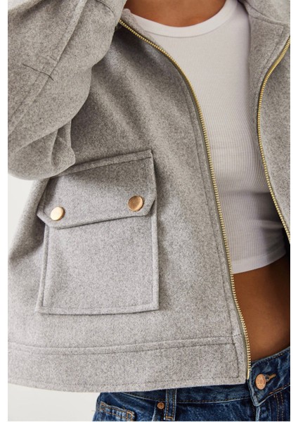 Zr Cepli Kısa Bomber Gri Kaşe Ceket