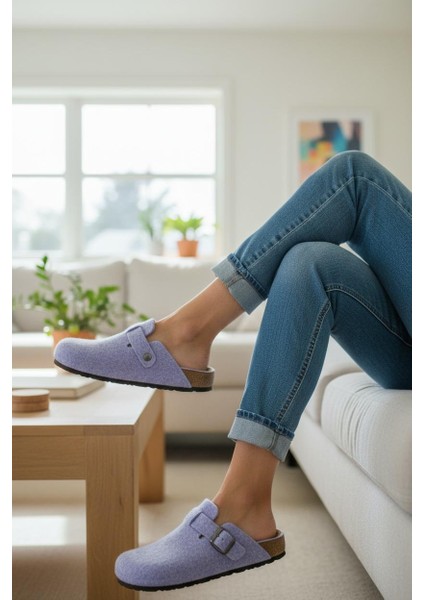 Tam Ortopedik Keçe Kadın Rahat ve Hafif Şık Lila Ev Terliği