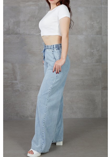 Kadın Beli Lastikli Rahat Kesim Kot Pantolon fırsatları