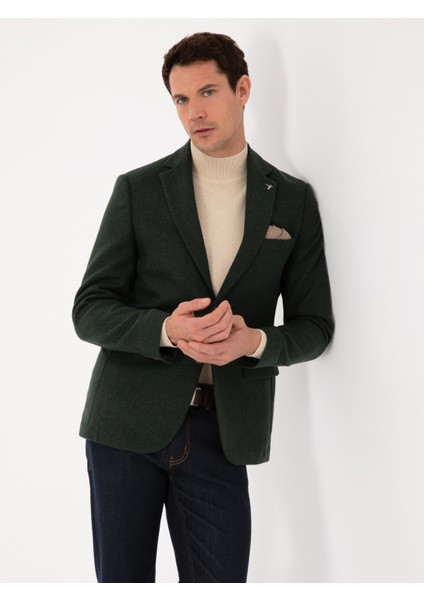 Erkek Haki Slim Fit Yün Karışımlı Mikro Desenli Ceket 50310771-VR027