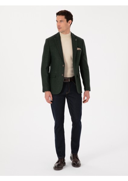 Erkek Haki Slim Fit Yün Karışımlı Mikro Desenli Ceket 50310771-VR027