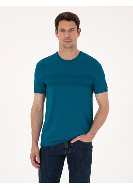 Erkek Petrol Mavisi Slim Fit Bisiklet Yaka Triko T-shirt 50311875-VR102