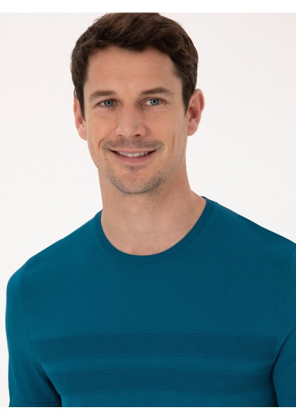 Erkek Petrol Mavisi Slim Fit Bisiklet Yaka Triko T-shirt 50311875-VR102