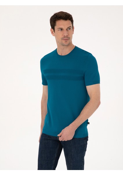 Erkek Petrol Mavisi Slim Fit Bisiklet Yaka Triko T-shirt 50311875-VR102