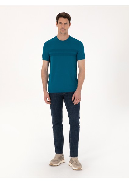 Erkek Petrol Mavisi Slim Fit Bisiklet Yaka Triko T-shirt 50311875-VR102