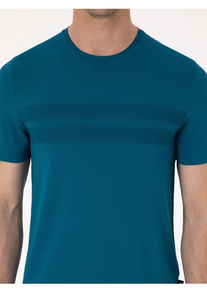 Erkek Petrol Mavisi Slim Fit Bisiklet Yaka Triko T-shirt 50311875-VR102