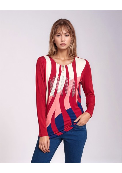 Kadın Bisiklet Yaka Esnek Desenli Taşlı Viskon Uzun Kol Curve Büyük Beden Bluz