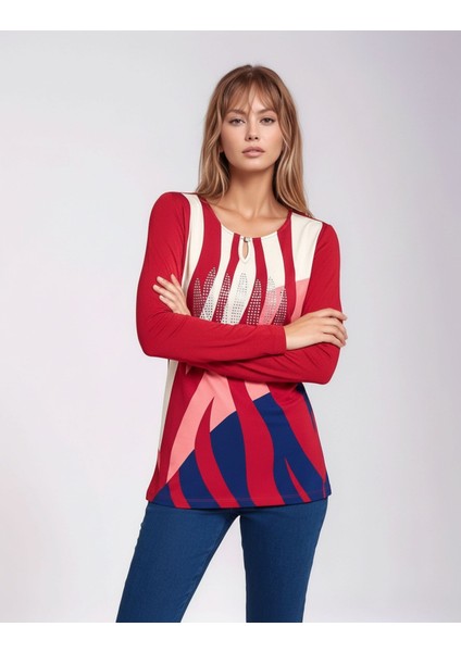 Kadın Bisiklet Yaka Esnek Desenli Taşlı Viskon Uzun Kol Curve Büyük Beden Bluz fiyatları