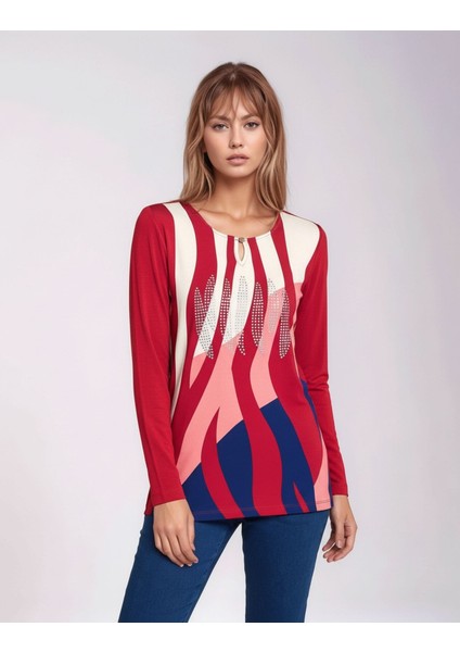 Kadın Bisiklet Yaka Esnek Desenli Taşlı Viskon Uzun Kol Curve Büyük Beden Bluz modelleri