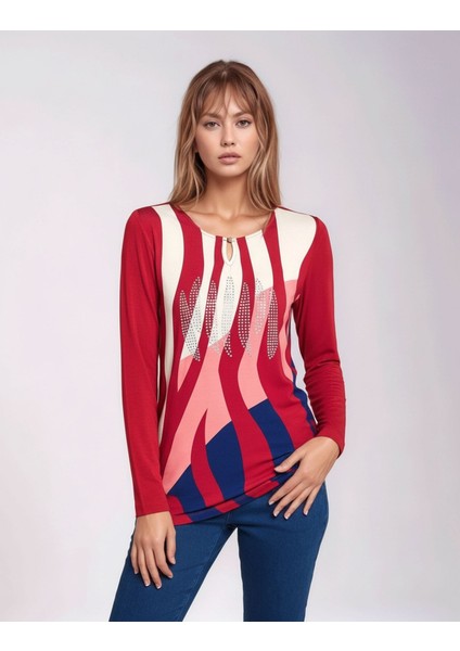 Kadın Bisiklet Yaka Esnek Desenli Taşlı Viskon Uzun Kol Curve Büyük Beden Bluz fırsatları