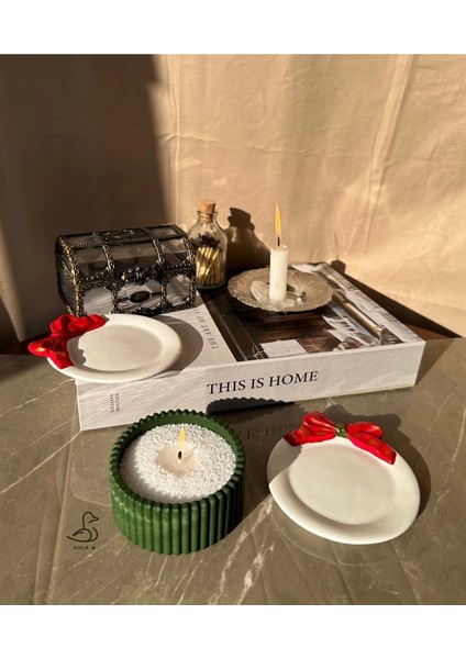 Yılbaşı Konsept Kurdele Görünümlü Dekor Tabak Inci Tozlu Mum Set 2’li indirimleri