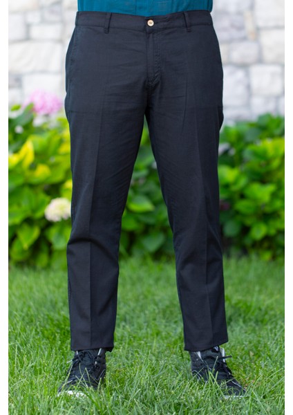 Flamlı Pamuk Düğmeli Erkek Yazlık Pantolon Siyah Syh