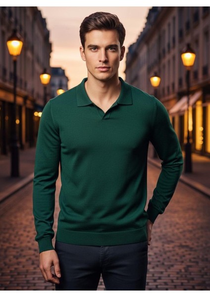 Erkek Düğmesiz Triko Polo Yaka Uzun Kollu Rahat ve Şık Kazak