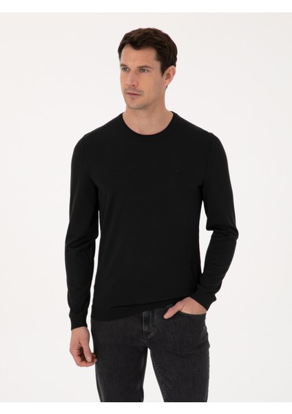 Erkek Siyah Slim Fit Yün Karışımlı Bisiklet Yaka Basic Triko Kazak 50318854-VR046