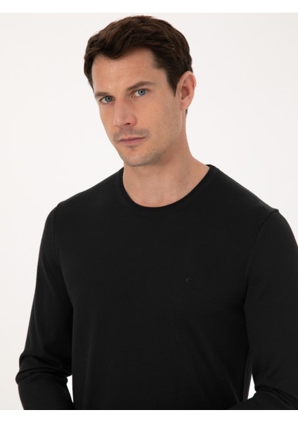 Erkek Siyah Slim Fit Yün Karışımlı Bisiklet Yaka Basic Triko Kazak 50318854-VR046