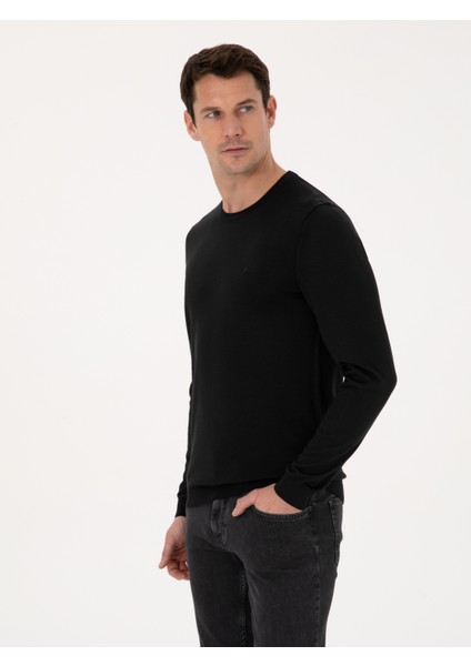 Erkek Siyah Slim Fit Yün Karışımlı Bisiklet Yaka Basic Triko Kazak 50318854-VR046