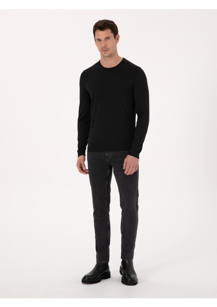 Erkek Siyah Slim Fit Yün Karışımlı Bisiklet Yaka Basic Triko Kazak 50318854-VR046