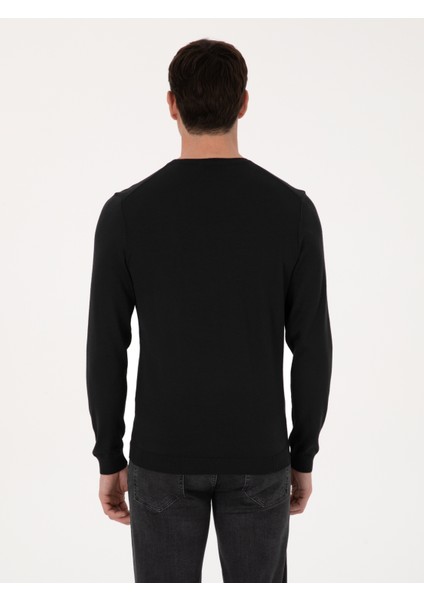 Erkek Siyah Slim Fit Yün Karışımlı Bisiklet Yaka Basic Triko Kazak 50318854-VR046