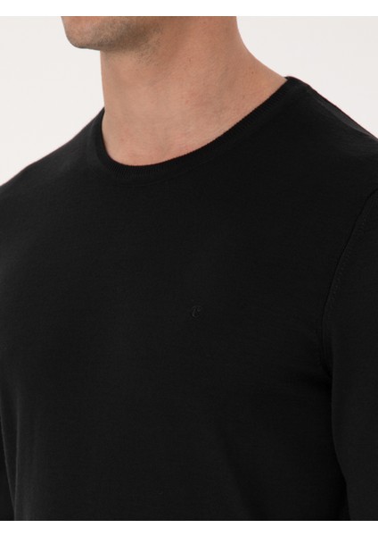 Erkek Siyah Slim Fit Yün Karışımlı Bisiklet Yaka Basic Triko Kazak 50318854-VR046