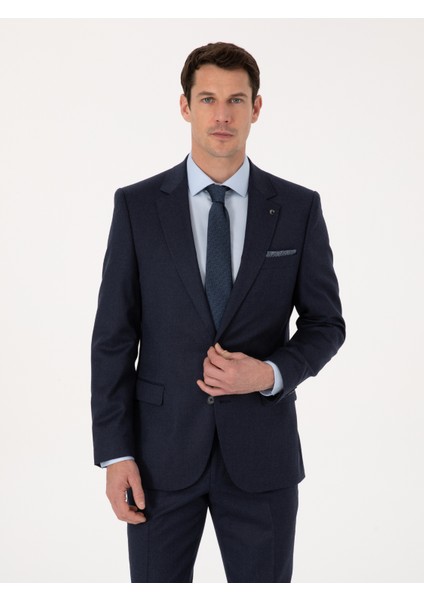 Erkek Lacivert Slim Fit Yün Karışımlı Mikro Desenli Klasik Ceket 50310061-VR033
