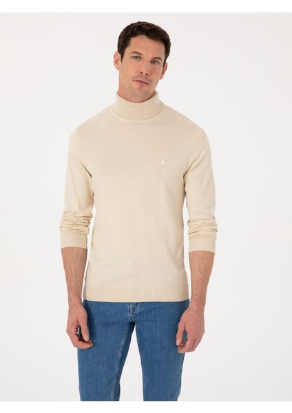 Erkek Bej Slim Fit Pamuk Karışımlı Balıkçı Yaka Basic Triko Kazak 50318678-VR011