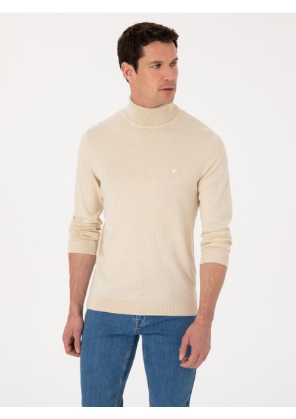 Erkek Bej Slim Fit Pamuk Karışımlı Balıkçı Yaka Basic Triko Kazak 50318678-VR011