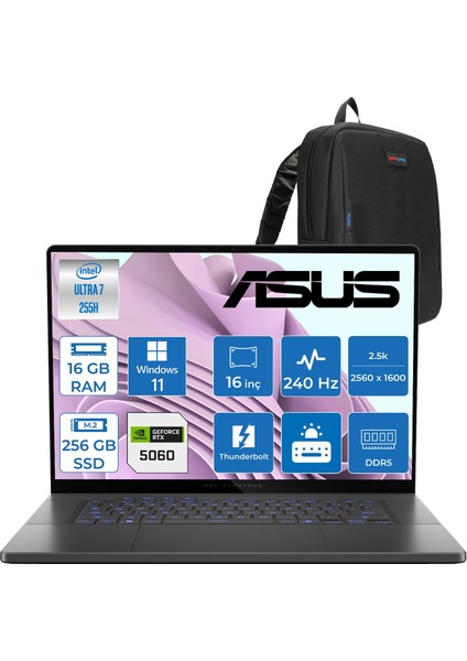 Rog Zephyrus G16 (2025) Intel Core Ultra 7 255H 16GB 7467MHZ Ddr5 256GB SSD Windows 11 Pro RTX5060 8gb Gddr7 105W Rog Nebula Display 2.5k (2560 x 1600, Wqxga) OLED 240Hz GU605CMQR064P01