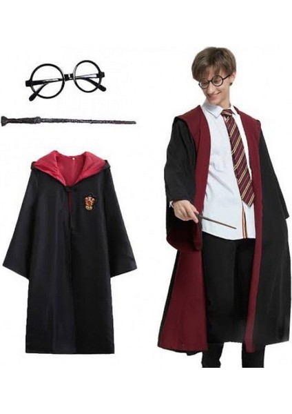 Drnds Harry Potter Gryffindor Kapişonlu Çocuk Kostüm + Asa + Gözlük Seti 7-8 Yaş
