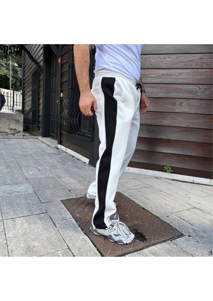 Erkek Üç Iplik Kışlık Pamuklu Yandan Garneli Kalın Şeritli Cepli Eşofman Altı - Beyaz fiyatları