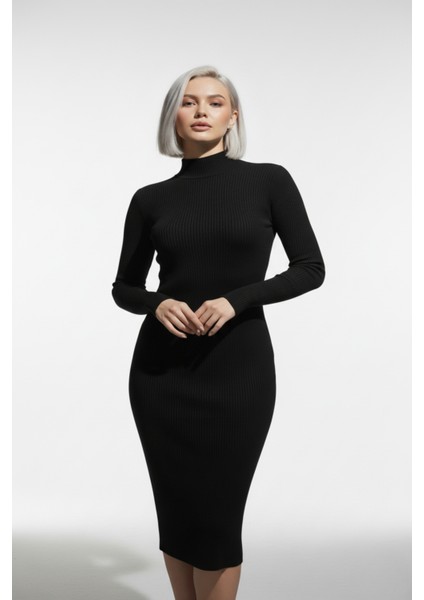 Kadın Balıkçı Yaka Siyah Uzun Elbise