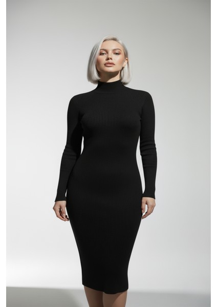 Kadın Balıkçı Yaka Siyah Uzun Elbise fırsatları