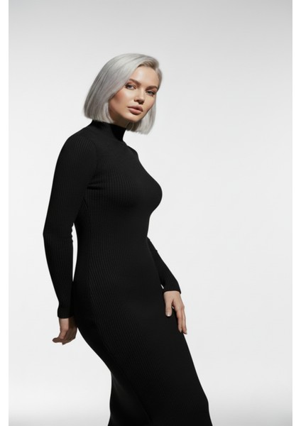 Kadın Balıkçı Yaka Siyah Uzun Elbise indirimleri