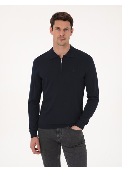 Erkek Lacivert Regular Fit Yün Karışımlı Fermuarlı Polo Yaka Basic Triko Kazak 50318901-VR033