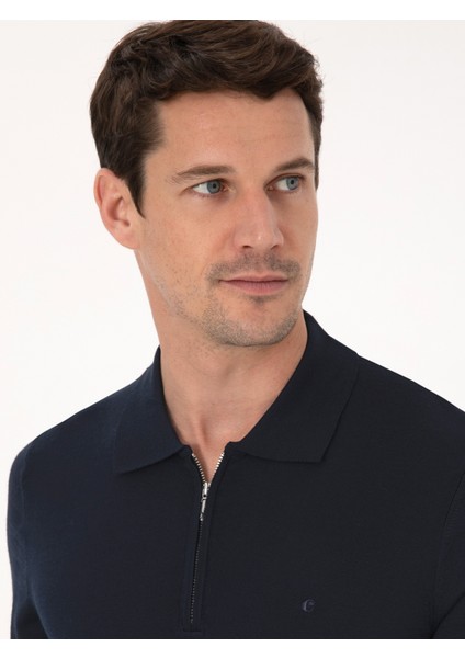 Erkek Lacivert Regular Fit Yün Karışımlı Fermuarlı Polo Yaka Basic Triko Kazak 50318901-VR033