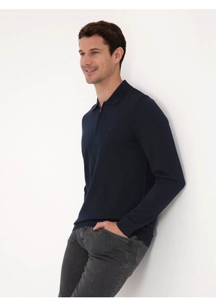 Erkek Lacivert Regular Fit Yün Karışımlı Fermuarlı Polo Yaka Basic Triko Kazak 50318901-VR033
