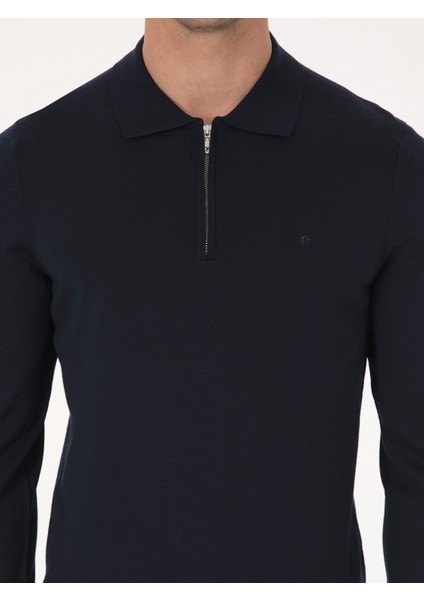 Erkek Lacivert Regular Fit Yün Karışımlı Fermuarlı Polo Yaka Basic Triko Kazak 50318901-VR033