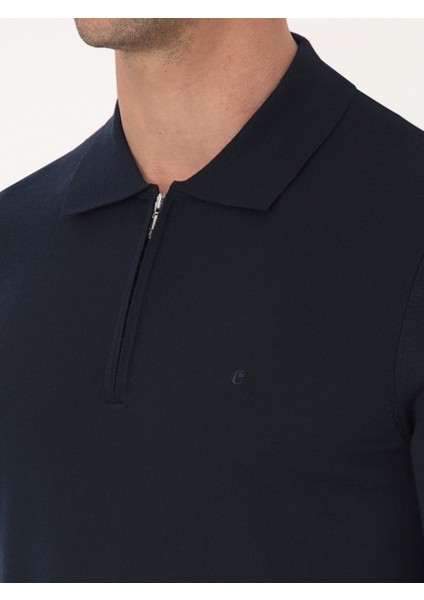 Erkek Lacivert Regular Fit Yün Karışımlı Fermuarlı Polo Yaka Basic Triko Kazak 50318901-VR033