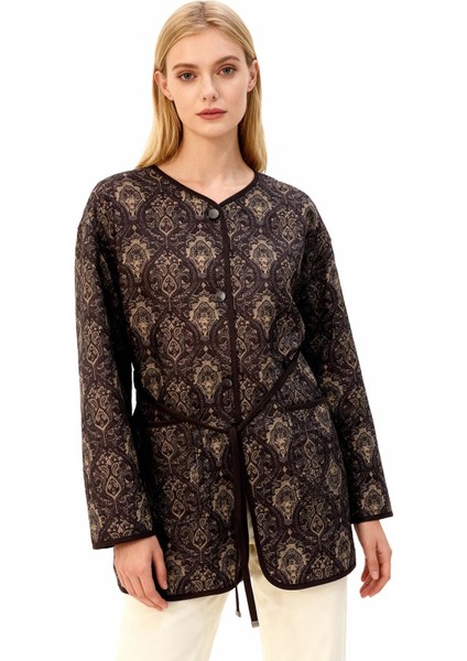 3496 Etnik Desen Kapitone Ceket Kahve