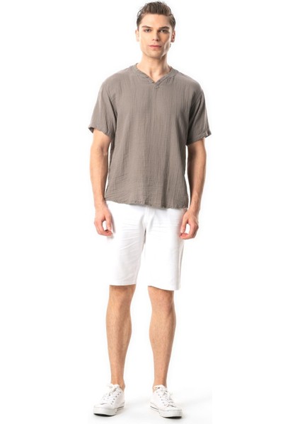 Kısa Kol Erkek Ribanalı Yazlık Müslin Tshirt Gri Gri