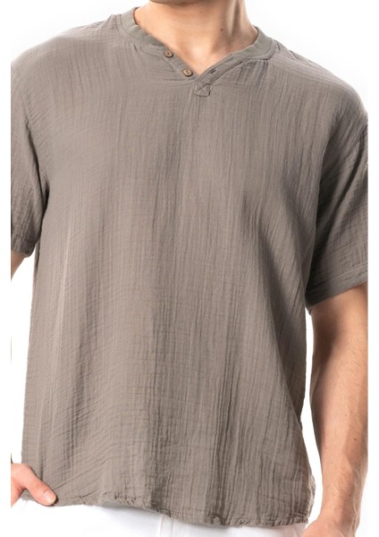 Kısa Kol Erkek Ribanalı Yazlık Müslin Tshirt Gri Gri modelleri