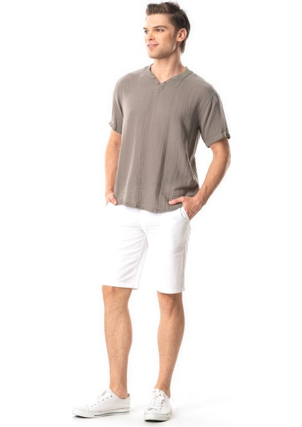 Kısa Kol Erkek Ribanalı Yazlık Müslin Tshirt Gri Gri