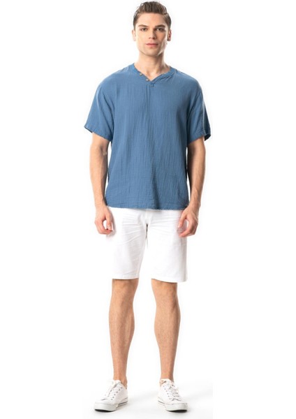 Kısa Kol Erkek Ribanalı Yazlık Müslin Tshirt Indigo Indg